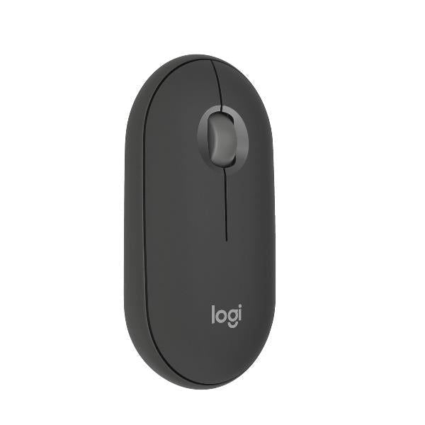 A black Logitech Pebble 2 M350s wireless mouse with a round, minimalist design featuring the Logi brand logo.